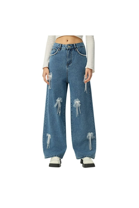 Women's Pearl Chain Bow Decorated Jeans Y2K High-Waisted Wide Leg Baggy Denim Pants Vintage Elegant Casual Jeans XS-XL