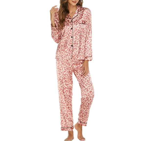 SwiftWear Women's Pink Cheetah Print Pajamas Lightweight 2 Piece Pj Set Silk Sleepwear with Collar Shirt & Lounge Pants Comfortable Nightwear for Home Relaxation