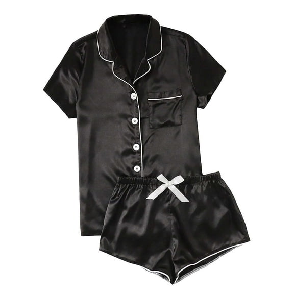 SwiftWear Women's Pink/White/Black/Blue Satin Pajama Set - Short Sleeve Shirt & Shorts with White Trim & Bow, Soft Silky Sleepwear Loungewear XS-3XL