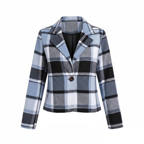 SwiftWear Women's Plaid Cropped Blazer Lapel Collar Button Down Work Office Jacket Casual Long Sleeve Coat for Fall Spring​​, Blue