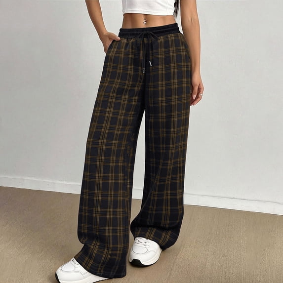 SwiftWear Women’s Plaid Drawstring Pants Elastic Waist Wide Leg Trousers with Pockets, Loose Fit Casual & Comfortable Baggy Pants