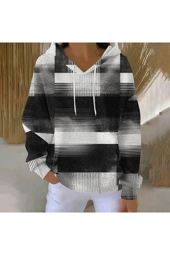 Women's Plaid Print Hoodie with Pocket - Soft Knit Cotton Pullover Casual Long Sleeve Top for Streetwear Black