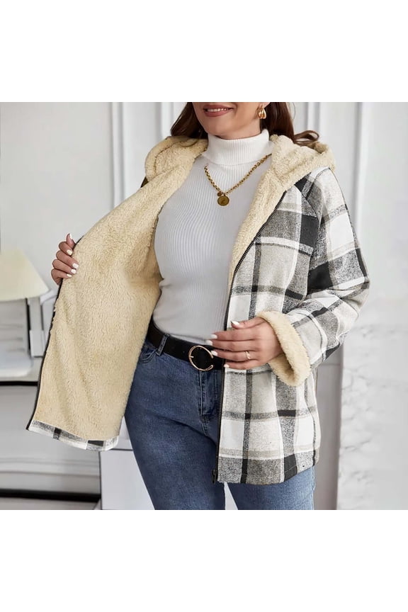 Women's Plaid Sherpa Lined Jacket Hooded Fleece Coat Oversized Zip Up Winter Outerwear​​, Gray