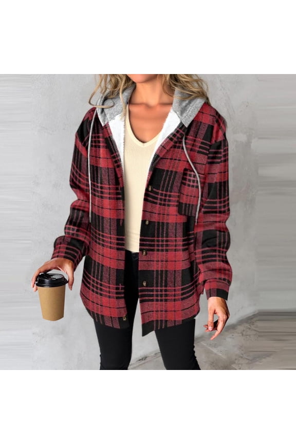 Women's Plaid Shirt Jacket Warm Hooded Fleece Coat Button Pocket Casual Outerwear Thick Cozy Shacket, Burgundy