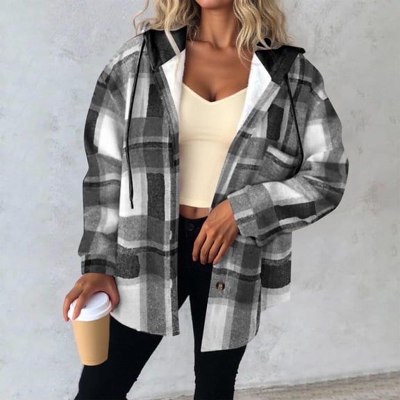 SwiftWear Women's Plaid Shirt Jacket Warm Hooded Fleece Coat Button Pocket Casual Outerwear Thick Cozy Shacket, Dark Gray