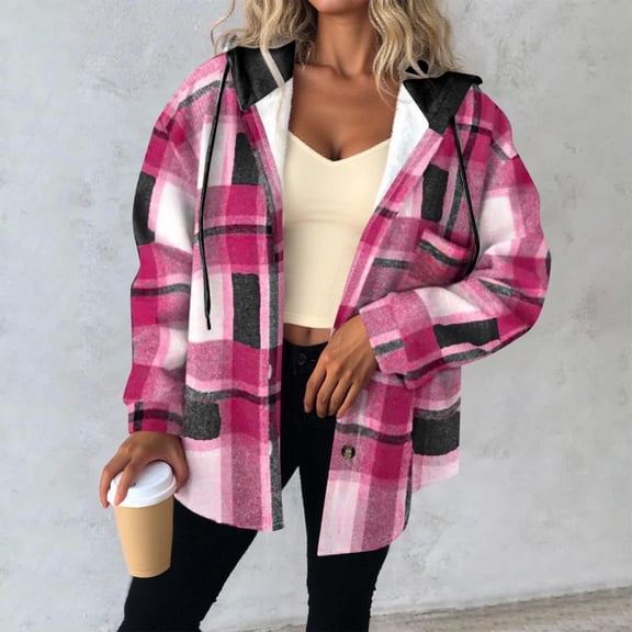 SwiftWear Women's Plaid Shirt Jacket Warm Hooded Fleece Coat Button Pocket Casual Outerwear Thick Cozy Shacket, Hot Pink