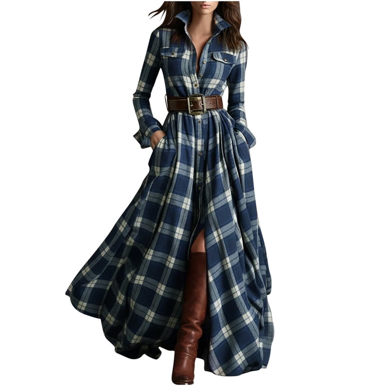 SwiftWear Women's Plaid Shirt Maxi Dress Long Sleeve Belted Dress with  Pockets, Vintage Button Down Tunic Dresses for Casual Style, Blue -  Walmart.com
