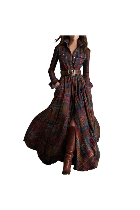 Women’s Plaid Shirt Maxi Dress Long Sleeve Belted Dress with Pockets, Vintage Button Down Tunic Dresses for Casual Style, Red