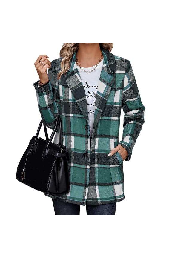 Women's Plaid Tweed Blazer Jacket Trendy Button Front Tartan Trench Coat Casual Oversized Shacket, Army Green