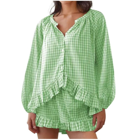 SwiftWear Women's Plaid V-Neck Sleepwear Set with Ruffled Hem Loose Fit, Long-Sleeve Cute Pajamas Set & High-Waisted Shorts Casual Loungewear​​