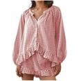 thumbnail image 1 of SwiftWear Women's Plaid V-Neck Sleepwear Set with Ruffled Hem Loose Fit, Long-Sleeve Cute Pajamas Set & High-Waisted Shorts Casual Loungewear​​, 1 of 3