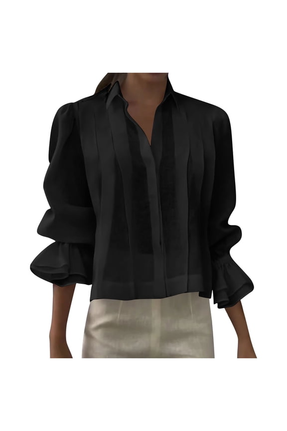 Women's Pleated Cotton Linen Blend Blouse Relaxed Fit Hidden Button Crop Tops Trendy Flowy Flutter Sleeve Shirt for Casual Spring Wear Black