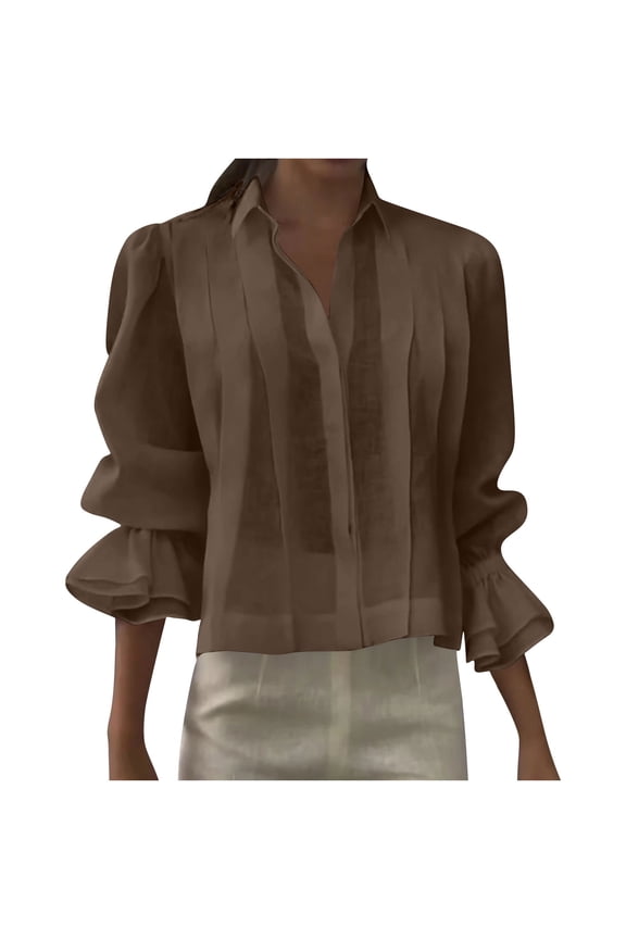 Women's Pleated Cotton Linen Blend Blouse Relaxed Fit Hidden Button Crop Tops Trendy Flowy Flutter Sleeve Shirt for Casual Spring Wear Coffee