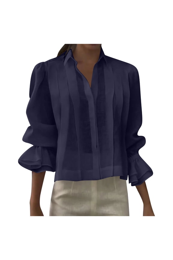 Women's Pleated Cotton Linen Blend Blouse Relaxed Fit Hidden Button Crop Tops Trendy Flowy Flutter Sleeve Shirt for Casual Spring Wear​ Navy