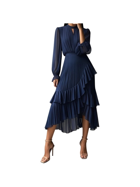 Women's Pleated Ruffle Hem Asymmetrical Evening Gown Long Sleeve Mesh Elegant Party Formal Wedding Guest Dress, Navy