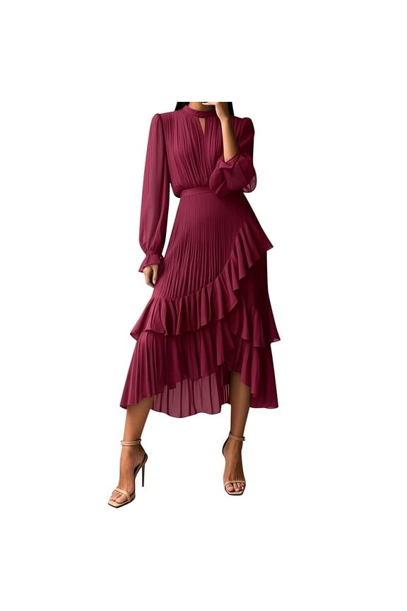 Women's Pleated Ruffle Hem Asymmetrical Evening Gown Long Sleeve Mesh Elegant Party Formal Wedding Guest Dress, Red