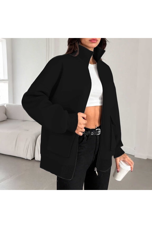 Women's Plus Size Casual Jacket Zip Up Oversized Coat Utility Pocket Y2k Pullover Long Sleeve Sweatshirt Fashion Outfits, Black