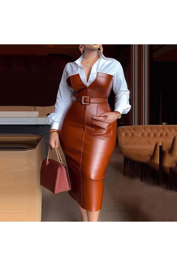 Women's Plus Size Faux Leather Shirt Dress Lapel Long Sleeve Tie Waist Office Work Pencil Dress, Brown