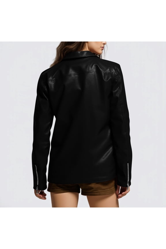 Women's Plus Size Faux PU Leather Jacket Moto Biker Coat Casual Trendy Outerwear, Black
