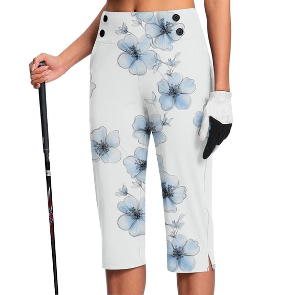 SwiftWear Women's Plus Size Floral Print Capri Pants - High Waisted Stretch Yoga Capris with Pockets, Stretch Workout Casual Cropped Dress Work Pants S-5XL