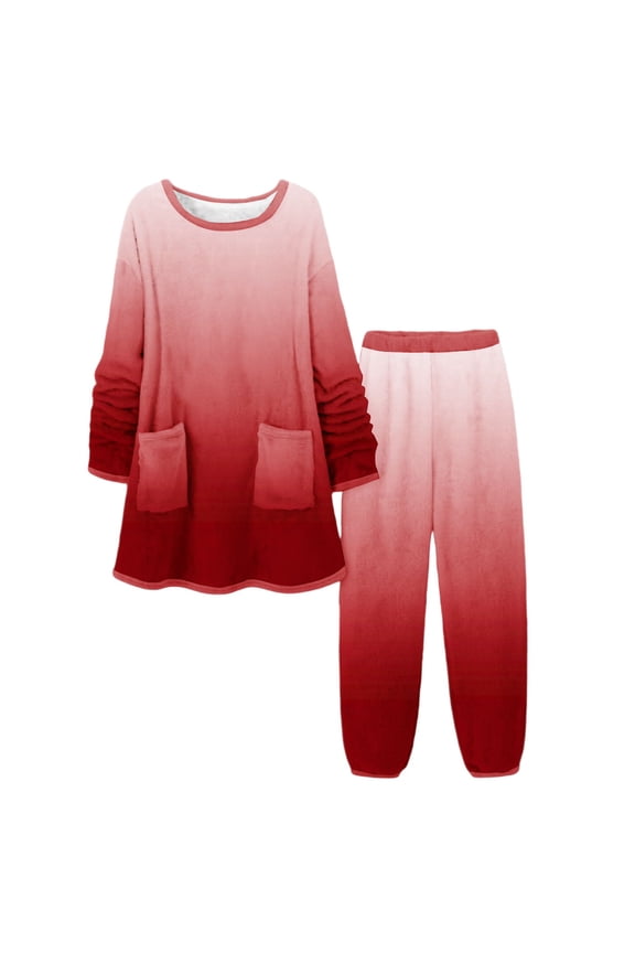 Women's Plus Size Gradient Pajama Set - Cozy Sleepwear & Loungewear, Soft Brushed Flannel Top with Pockets and Pants, Warm Casual Home Wear Red