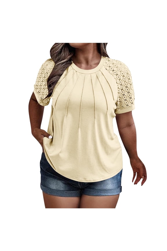 Women's Plus Size Lace Sleeve Blouse Trendy Ruching Detail Casual Basic Top Loose Fit Soft T-Shirt ​ Beige