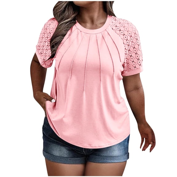 SwiftWear Women's Plus Size Lace Sleeve Blouse Trendy Ruching Detail Casual Basic Top Loose Fit Soft T-Shirt ​ Pink