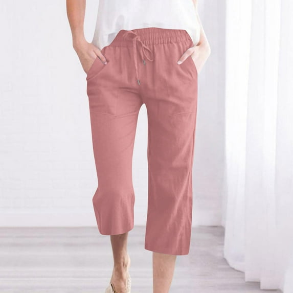 SwiftWear Women's Plus Size Linen Cotton Capri Pants - Drawstring Waist Straight-Leg Capris with Pockets, Relaxed Fit Cropped Pants S-5XL