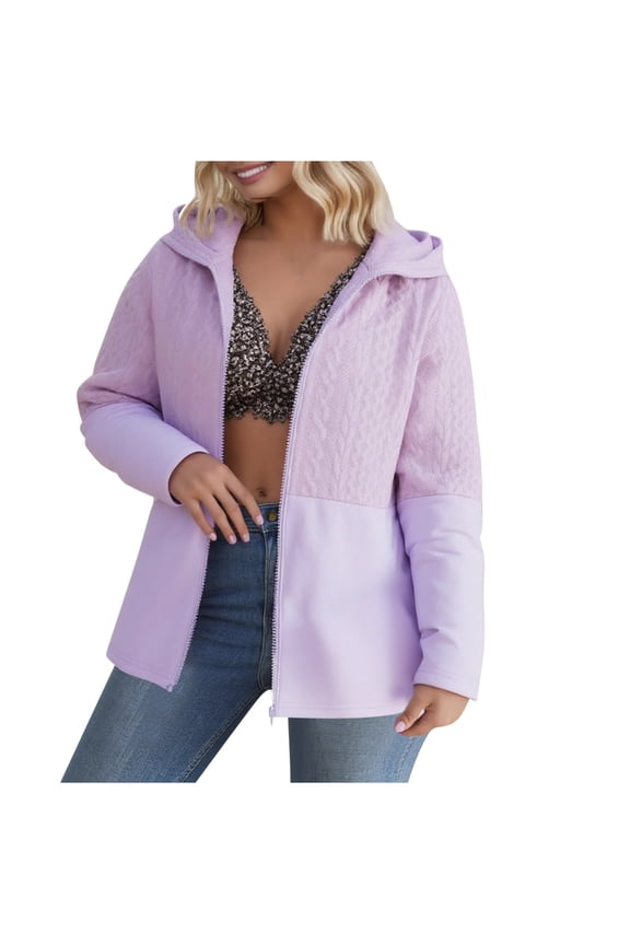 Women's Plus Size Ribbed Knit Hoodie Cardigan Long Sleeve Open Front Jacket with Pockets Purple