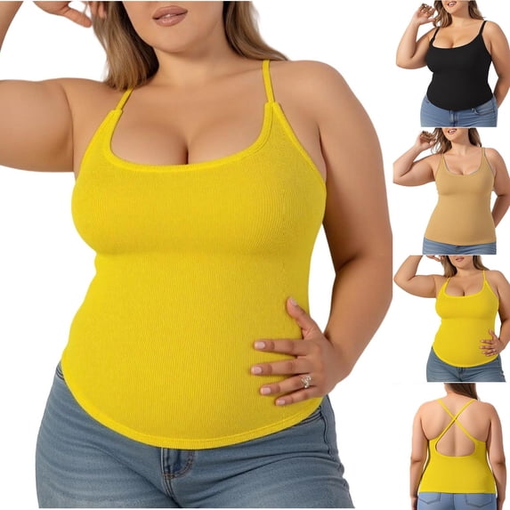 SwiftWear Women's Plus Size Spaghetti Strap Tank Top Fitting Square Neck Ribbed Knit Basic Cross Backless Cami for Going Out
