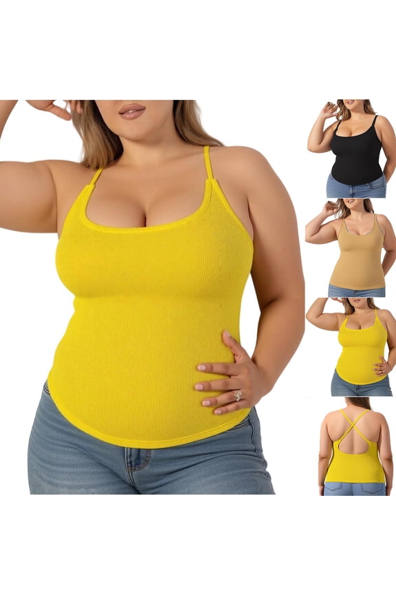 Women's Plus Size Spaghetti Strap Tank Top Fitting Square Neck Ribbed Knit Basic Cross Backless Cami for Going Out