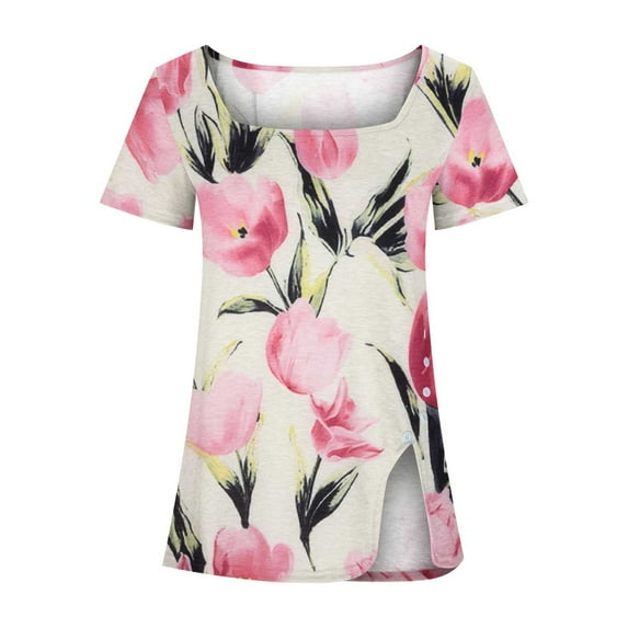 SwiftWear Women’s Plus Size Square Neck Blouse Summer T-Shirt – Starry Print Tees with Button Split Hem, 3XL-5XL, Loose Fit Casual Tops