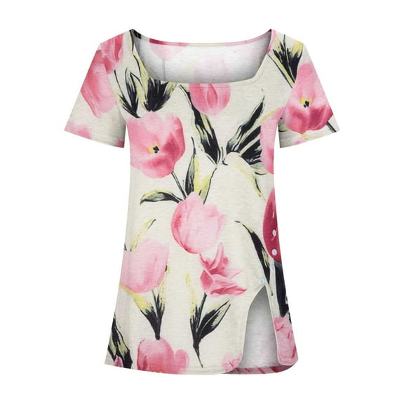 SwiftWear Women’s Plus Size Square Neck Blouse Summer T-Shirt – Starry Print Tees with Button Split Hem, 3XL-5XL, Loose Fit Casual Tops