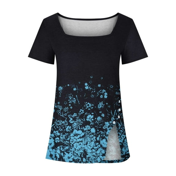 SwiftWear Women’s Plus Size Square Neck Blouse Summer T-Shirt – Starry Print Tees with Button Split Hem, 3XL-5XL, Loose Fit Casual Tops