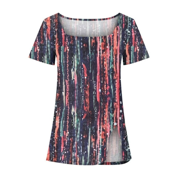 SwiftWear Women’s Plus Size Square Neck Blouse Summer T-Shirt – Starry Print Tees with Button Split Hem, 3XL-5XL, Loose Fit Casual Tops