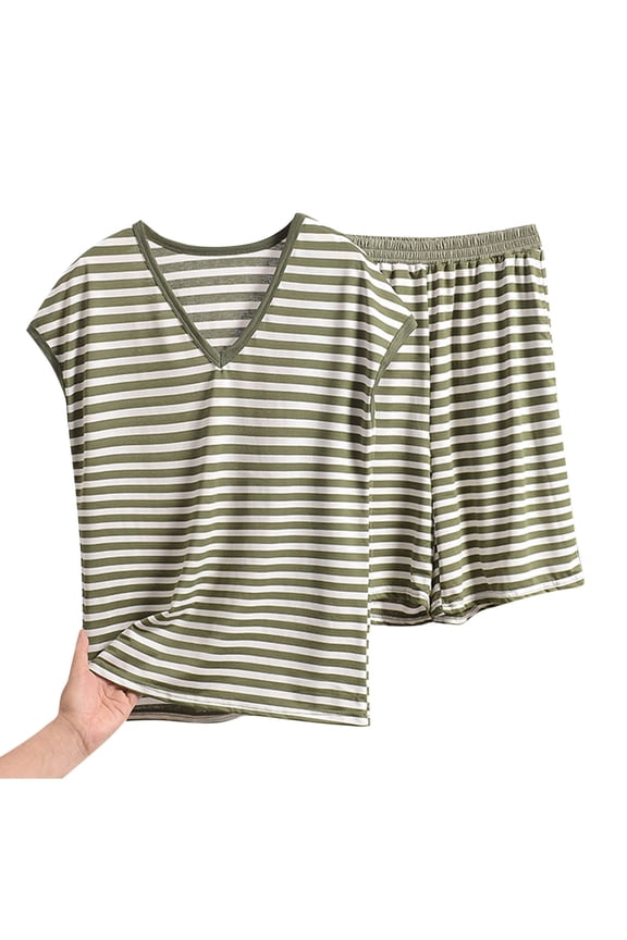 Women’s Plus Size Striped V-Neck Sleepwear Set – Soft, Oversized, Cotton Sleeveless Tops & Shorts with Pockets Pajamas Set 2 Piece