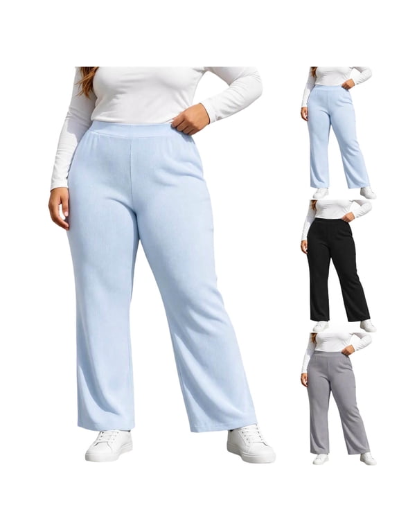 Women's Plus Size Wide Leg Pants Elastic Waist Ribbed Knit Casual Lounge Trousers Relaxed Fit