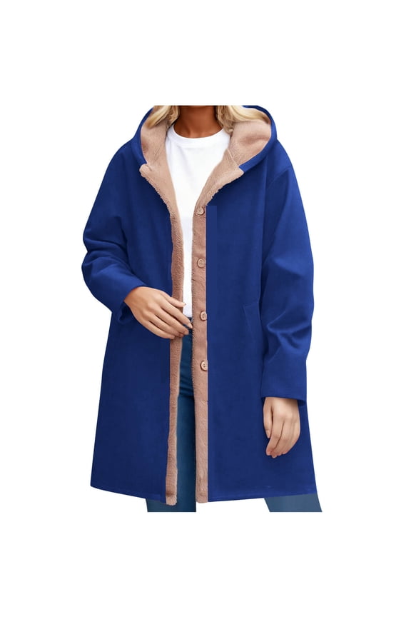 Women's Plus-Size Winter Coat with Plush Lining, Hooded Button Front Jacket, Oversized Long Outerwear for Cold Weather