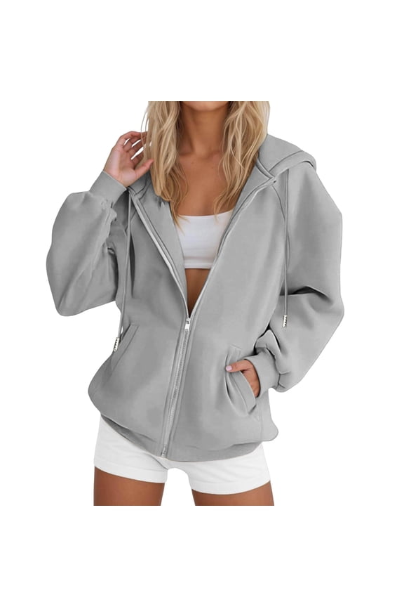 Women's Plus-Size Zip-Up Hoodie with Raglan Sleeves - Casual Oversized Sweatshirt Hooded Pullover Jacket with Pockets Gray