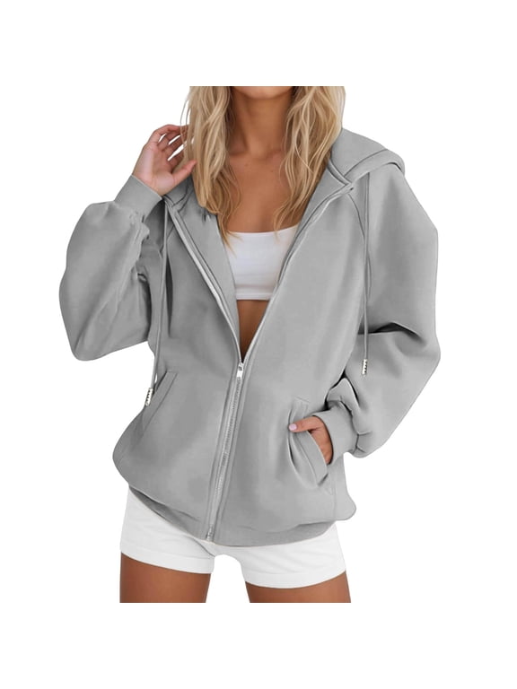 Women's Plus-Size Zip-Up Hoodie with Raglan Sleeves - Casual Oversized Sweatshirt Hooded Pullover Jacket with Pockets Gray