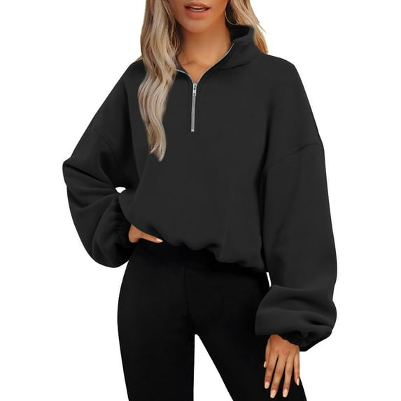 SwiftWear Women's Plush Fleece Half-Zip Mock Neck Sweatshirts Pullover Soft Textured Fashion Cropped Sweat Shirt with Athletic Fit, Cozy Casual Wear for Light Exercise Black