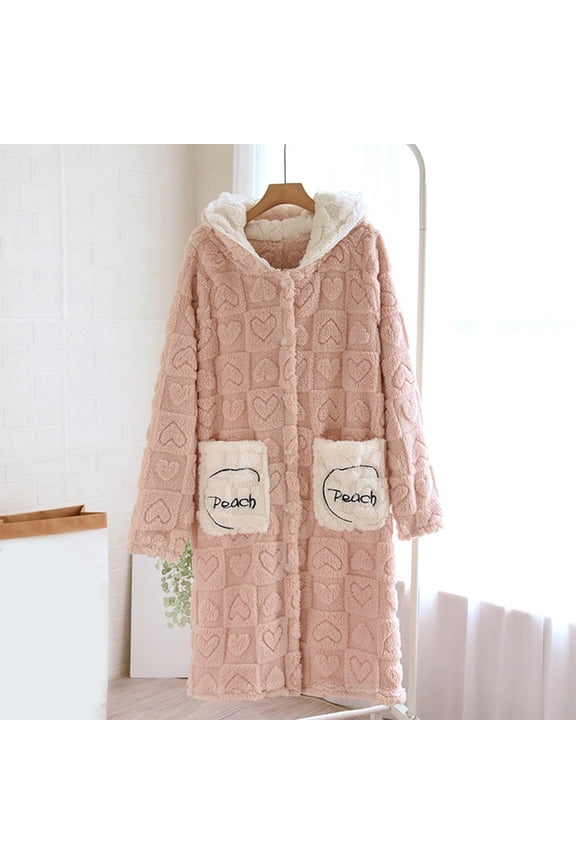 Women's Plush Sherpa Hooded Robe Peach Heart Long Sleeve Bathrobe Cozy Button Down Loungewear with Pockets, Pink