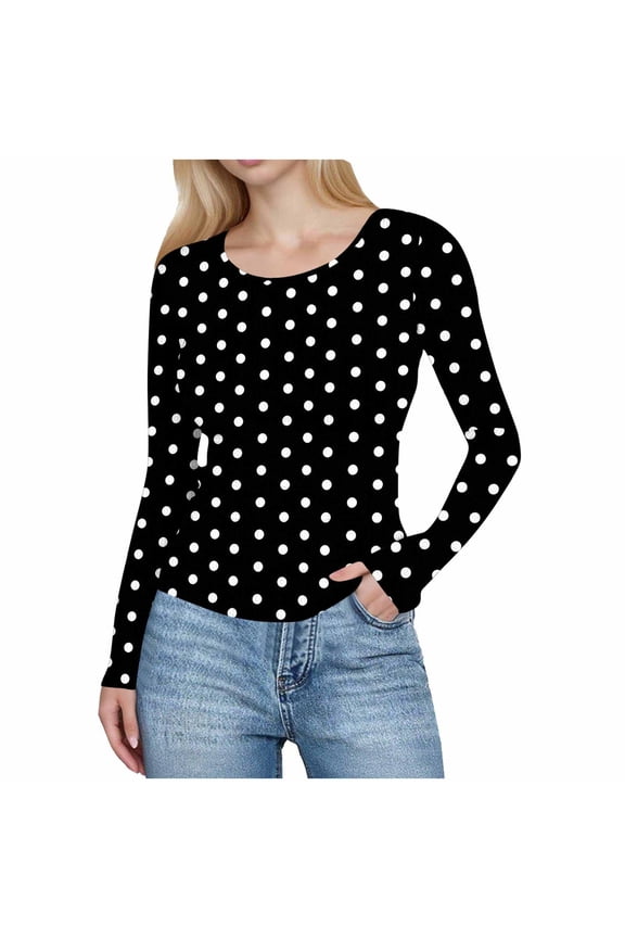 Women's Polka Dot Slim Fit Crew Neck Long Sleeve Shirt Ribbed Knit Top Stretch Soft Casual Base Layer Tee, Black