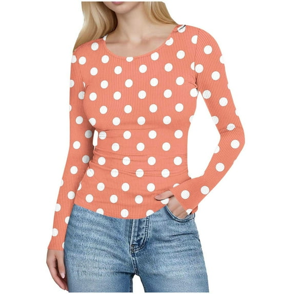 SwiftWear Women's Polka Dot Slim Fit Crew Neck Long Sleeve Shirt Ribbed Knit Top Stretch Soft Casual Base Layer Tee, Orange