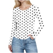SwiftWear Womens Polka Dot Slim Fit Crew Neck Long Sleeve Shirt Ribbed Knit Top Stretch Soft Casual Base Layer Tee, White