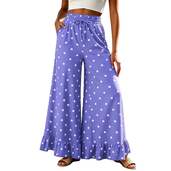 SwiftWear Women's Polka Dot Wide Leg Pants with Pockets Ruffled Hem Flowy Long Trousers Casual Drawstring Elastic Waist