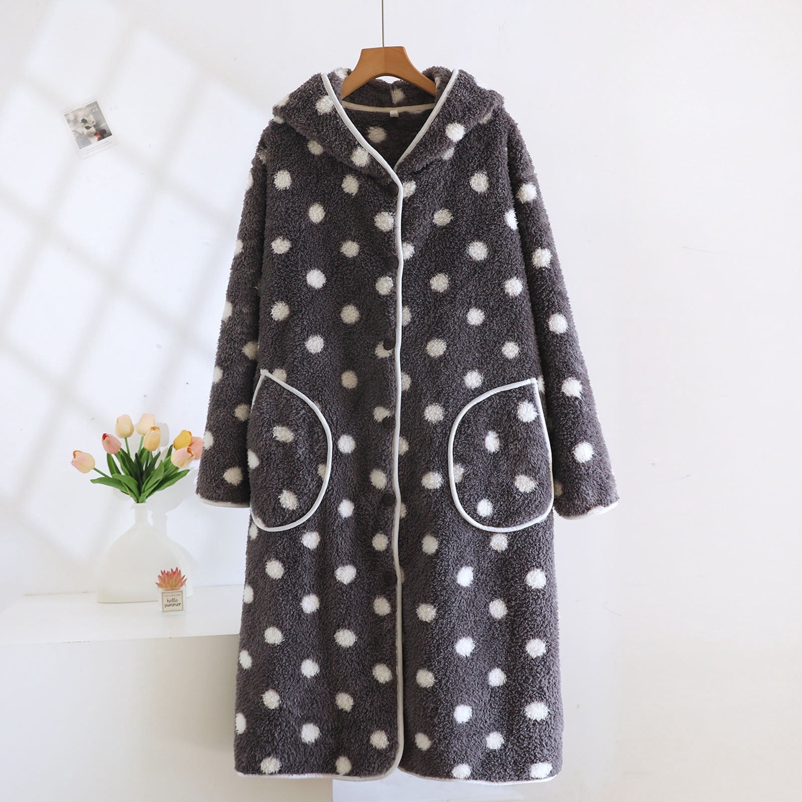 SwiftWear Women's Polka Dots Cute Hooded Robe Soft Flannel Button Down ...