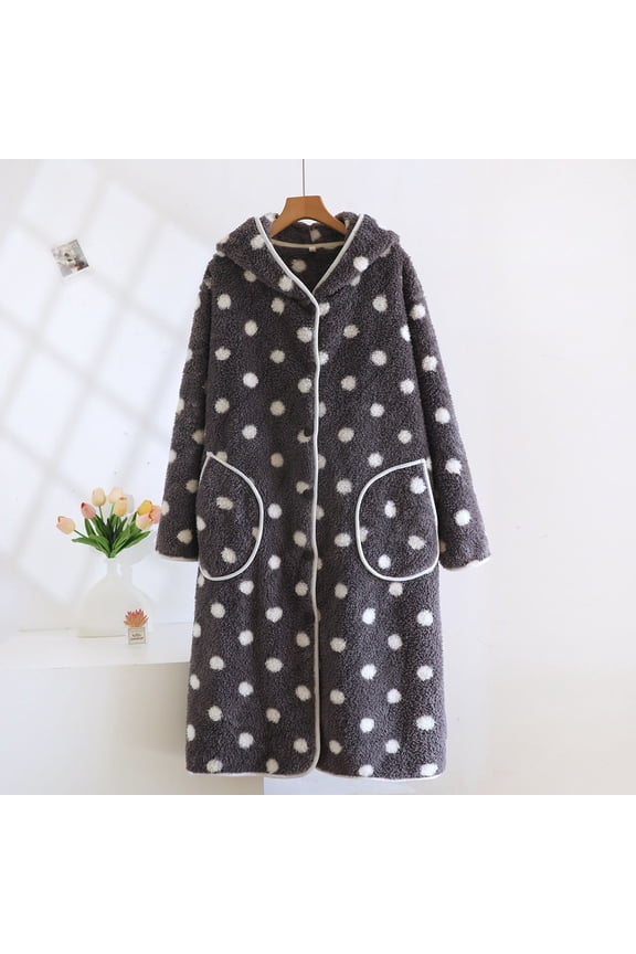 Women's Polka Dots Cute Hooded Robe Soft Flannel Button Down Bathrobe Cozy Winter Loungewear with Pockets for Home, Black