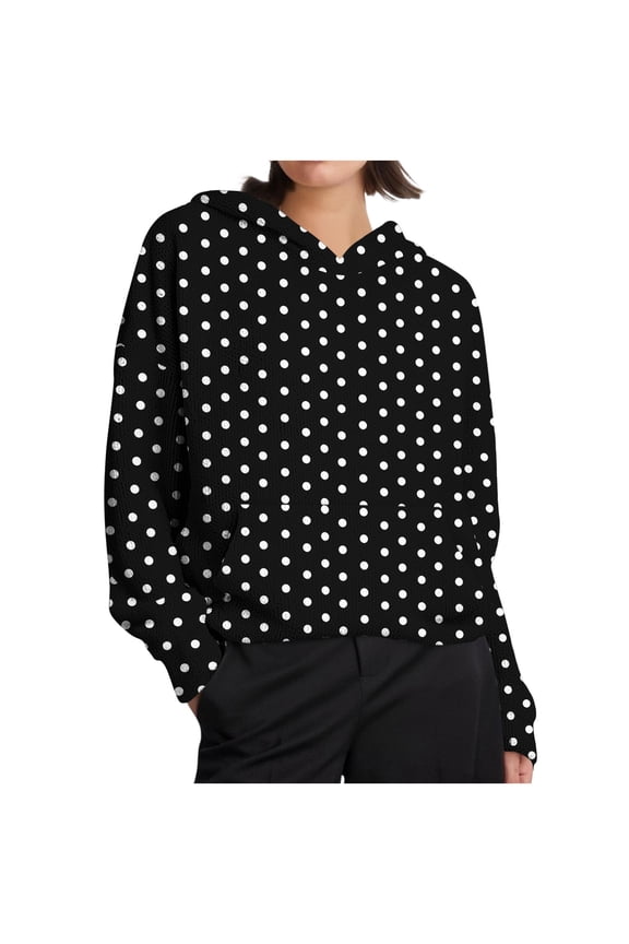 Women's Polka Dots Knit-Texture Hoodie Soft Drop-Shoulder Tops Pullover with Front Pocket Cozy Casual Lounge Wear Black