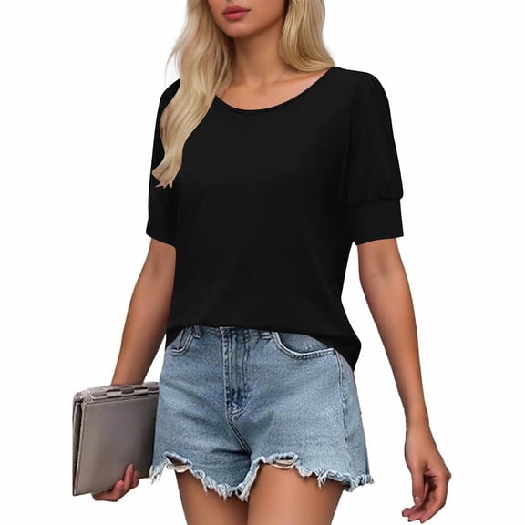 SwiftWear Women's Puff Sleeve T-Shirt Crew Neck Loose Fit Short Sleeve Top Casual Blouse Summer Basic Tee​ Black